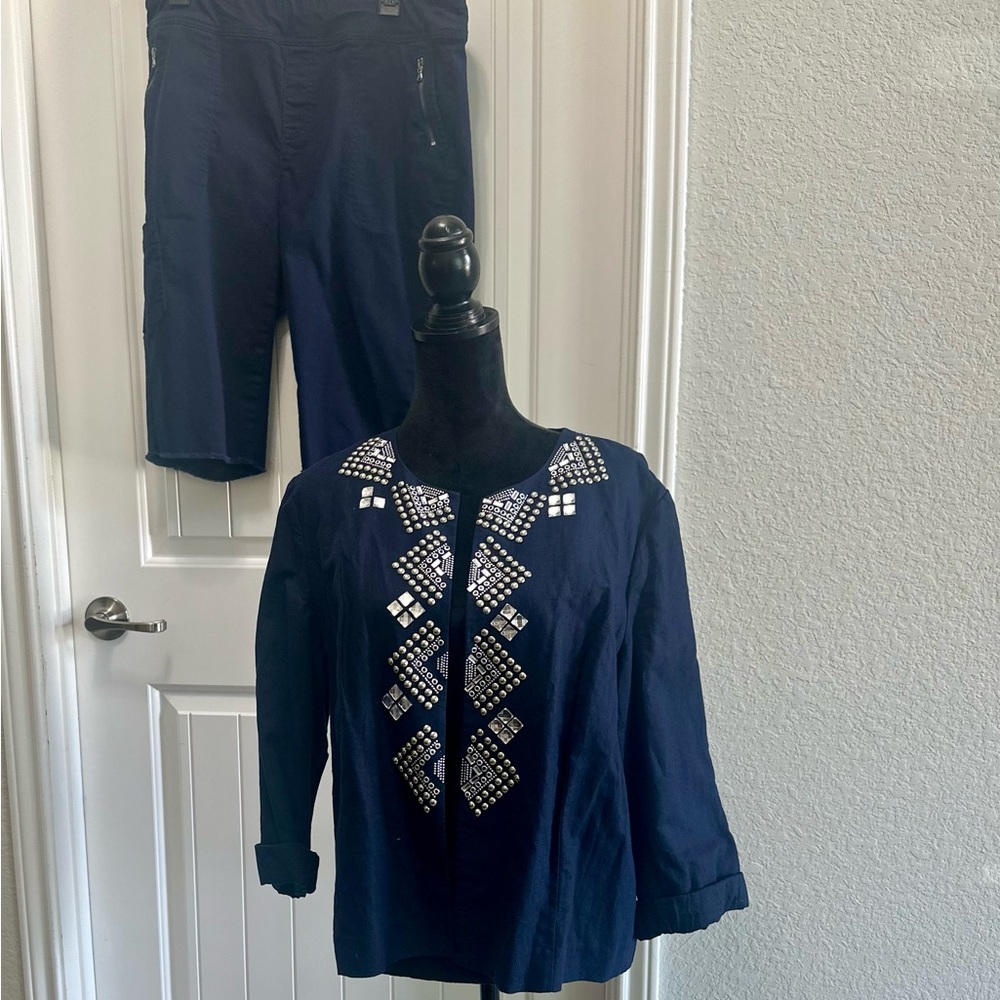 Chico's Navy Blouse with Silver Embellishments including the matching shorts